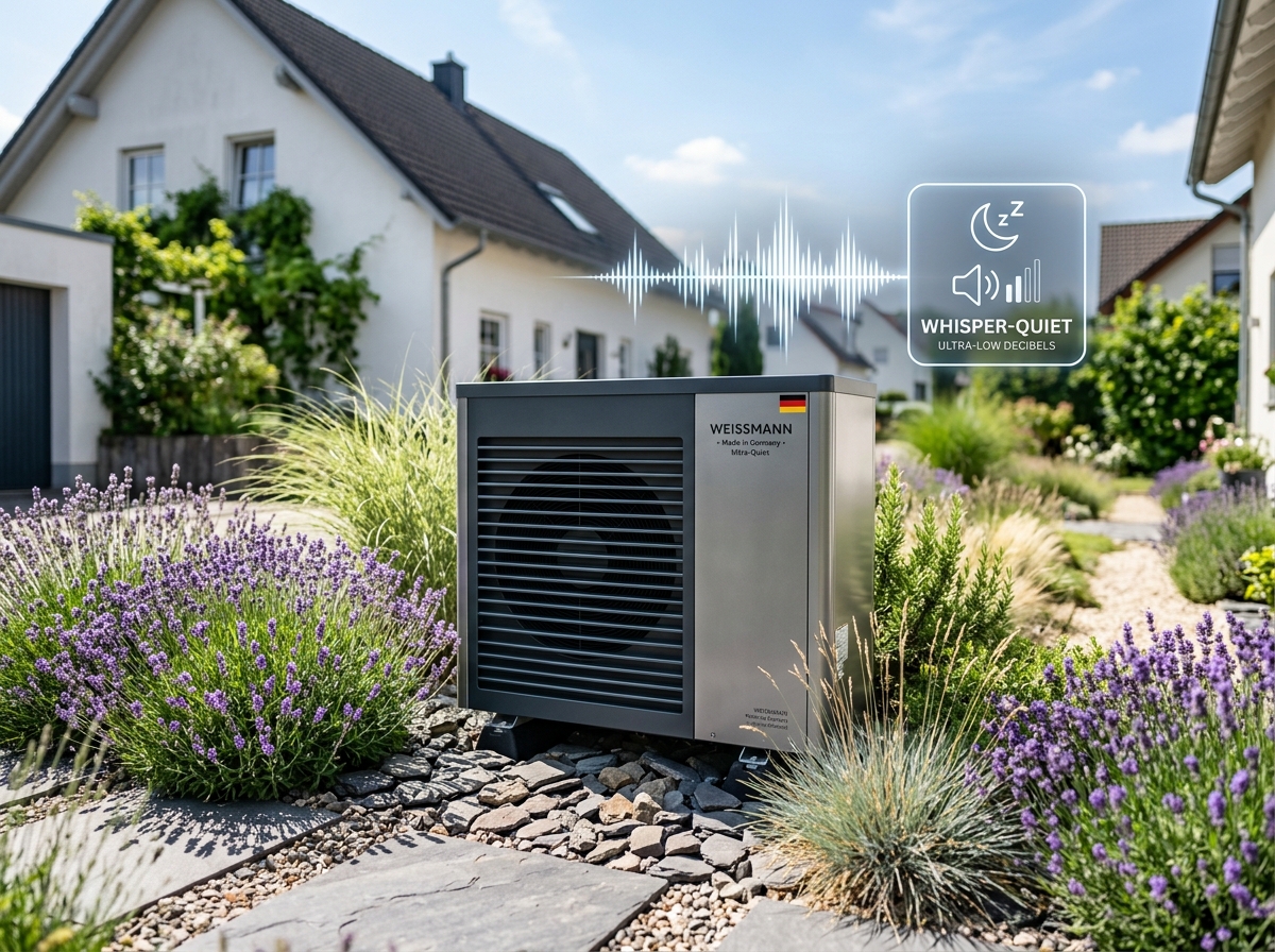 Flüsterleise Wärmepumpe im Vorgarten neben Lavendel und Steingarten