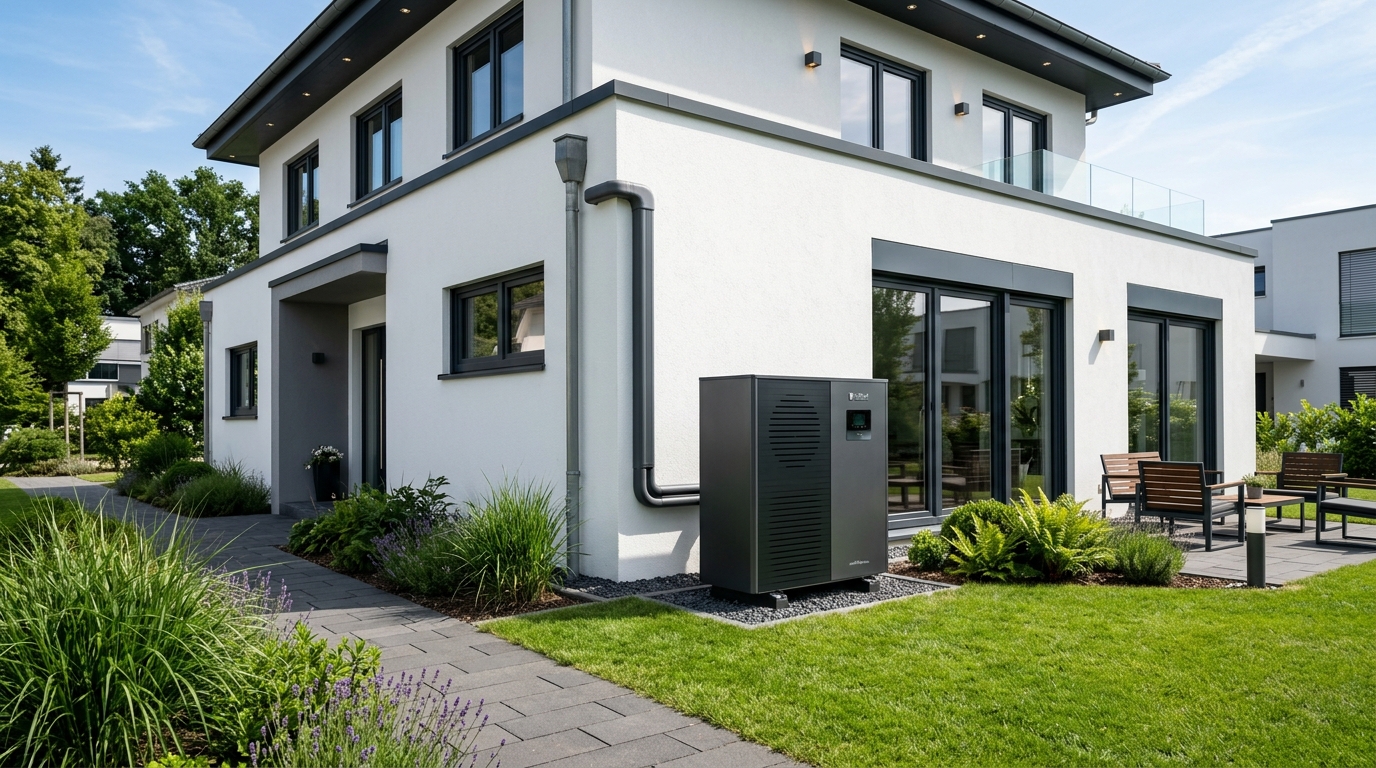Moderne Luft-Wasser-Wärmepumpe Außenanlage am modernen Einfamilienhaus